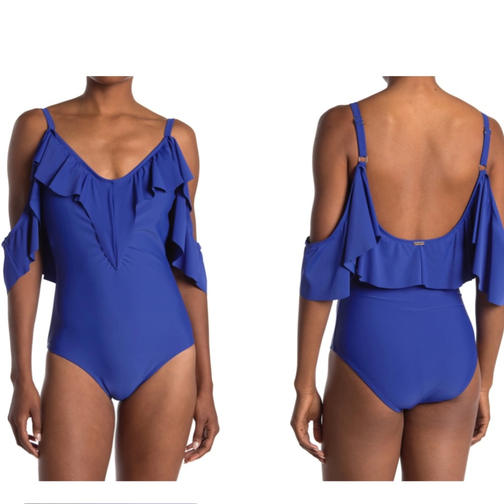 Nicole Miller Ruffled Cold Shoulder One-Piece Swimsuit - Blue - S